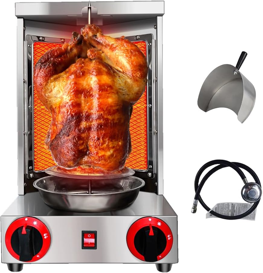 Li Zhen Shawarma Machine Gas Vertical Doner Kebab Machine Shawarma grill Vertical Rotisserie Machine Propane Vertical Broiler with 2 Burner and Meat Catch Pan for Kitchen,(Patented Product)