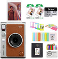 FUJIFILM INSTAX MINI EVO Hybrid Instant Camera | Brown Bundle with Instax Mini Film | 20 Exposures + 64GB Micro SD Card + Mini Album, Borders, Stickers & Clips + Cleaning Cloth (5 Items)