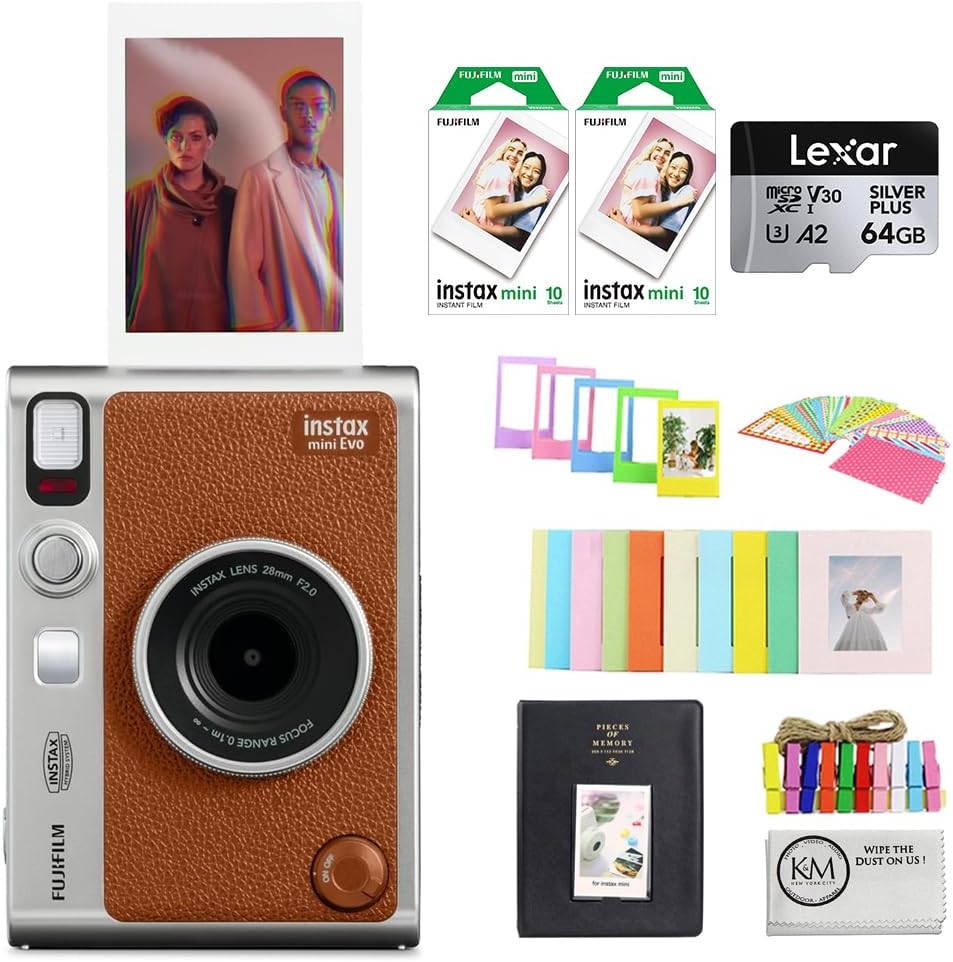 FUJIFILM INSTAX MINI EVO Hybrid Instant Camera | Brown Bundle with Instax Mini Film | 20 Exposures + 64GB Micro SD Card + Mini Album, Borders, Stickers & Clips + Cleaning Cloth (5 Items)