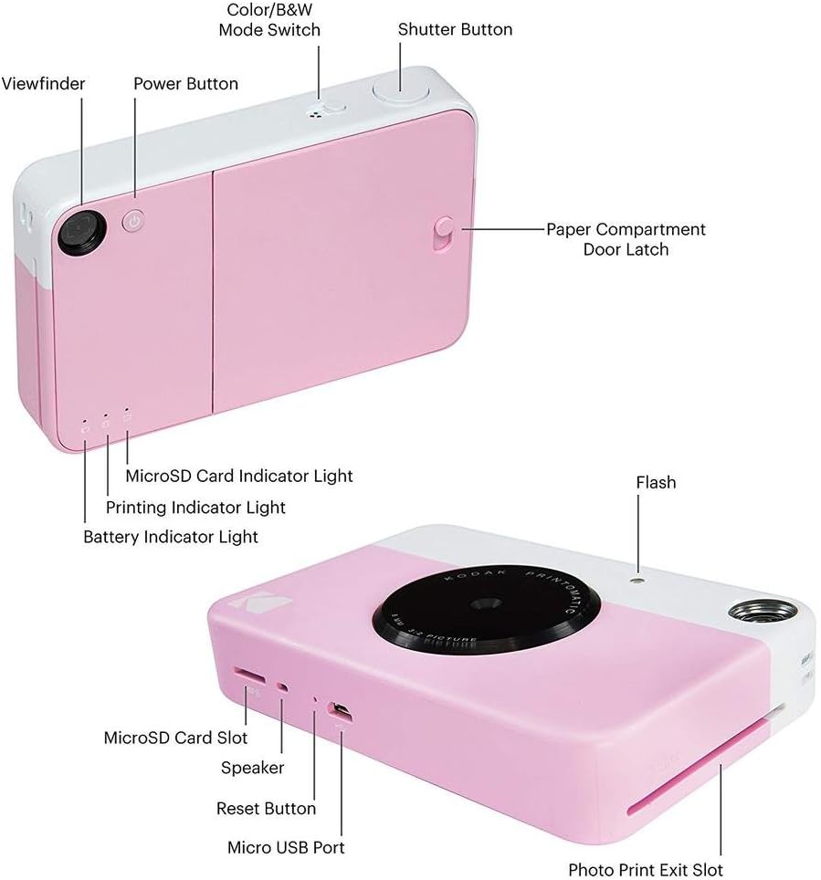 Kodak Printomatic Instant Camera (Pink) Art Bundle + Zink Paper (20 Sheets) + 8x8 Cloth Scrapbook + 12 Twin Tip Markers + 100 Border Stickers + 6 Decorative Scissors + Washi Tape