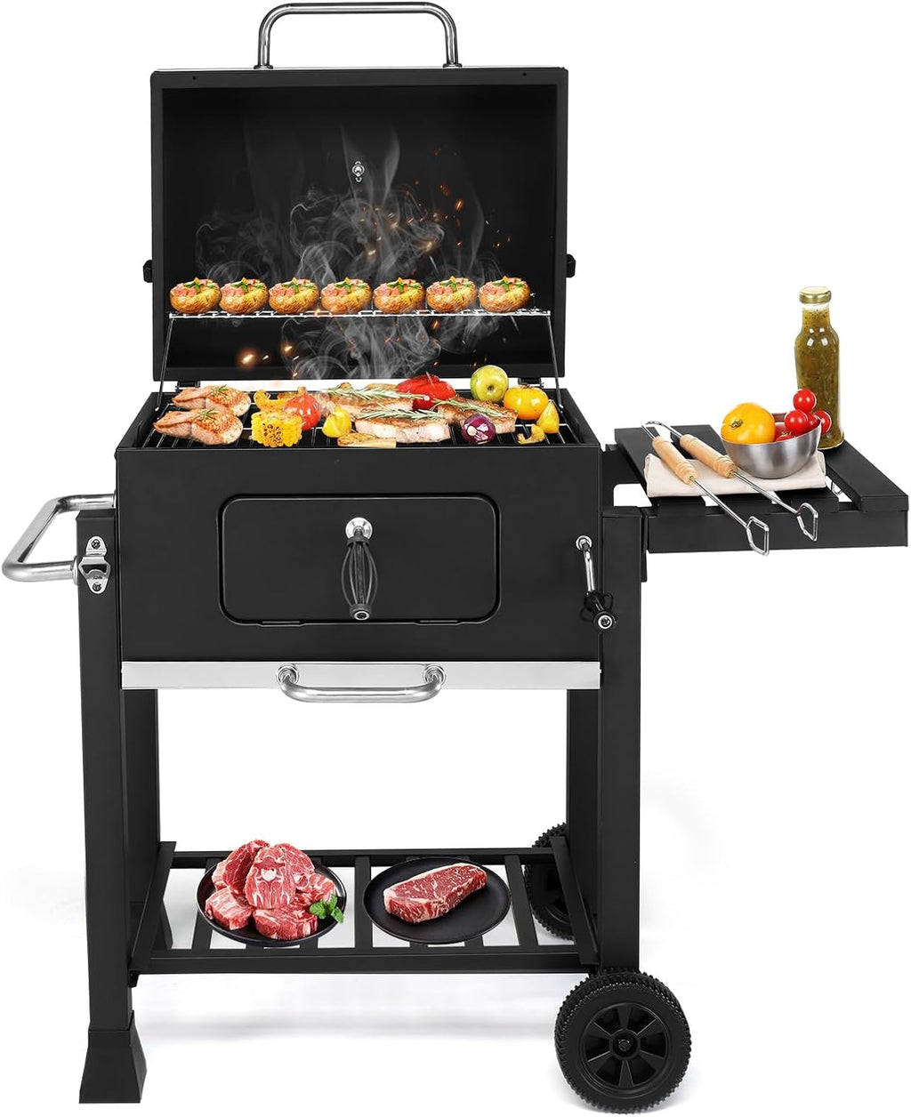 45.6' Portable Charcoal Grill,Metal Outdoor Barbecue Smoker,Heavy Duty Outdoor BBQ Grill,Vertical Camping Barbecue Grill,with Foldable Side Table & Wheels,for Garden Patio Beach Backyard (Black)