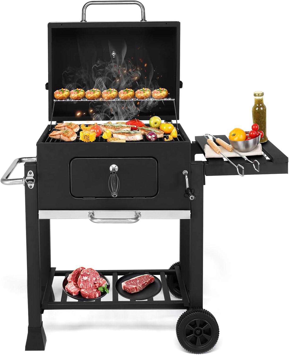 45.6' Portable Charcoal Grill,Metal Outdoor Barbecue Smoker,Heavy Duty Outdoor BBQ Grill,Vertical Camping Barbecue Grill,with Foldable Side Table & Wheels,for Garden Patio Beach Backyard (Black)