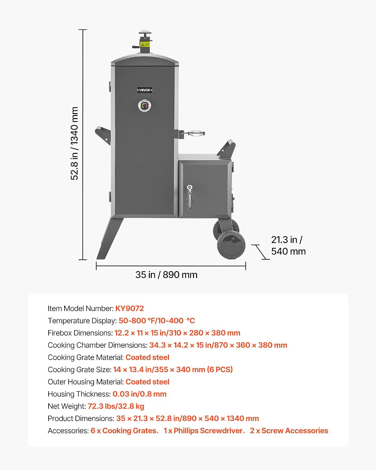 VEVOR Charcoal Offset Smoker, Heavy-Duty Steel BBQ Offset Smoker with Side Firebox, Movable Outdoor Barbecue Smokers with 6 Adjustable Grates, Thermometer & Air Vents for Backyard Patio Party Cooking