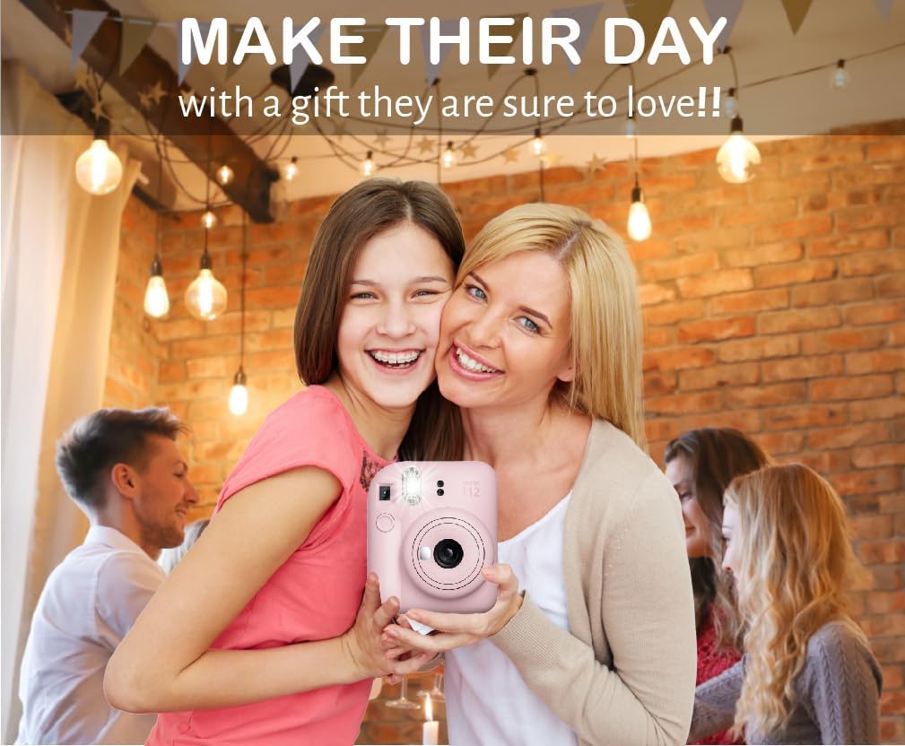 Fujifilm Instax Mini 12 Instant Film Camera Blossom Pink, Fujifilm Instax Mini Twin Pack Instant Film 20 Prints, Prtotective Case, Gift Bundle