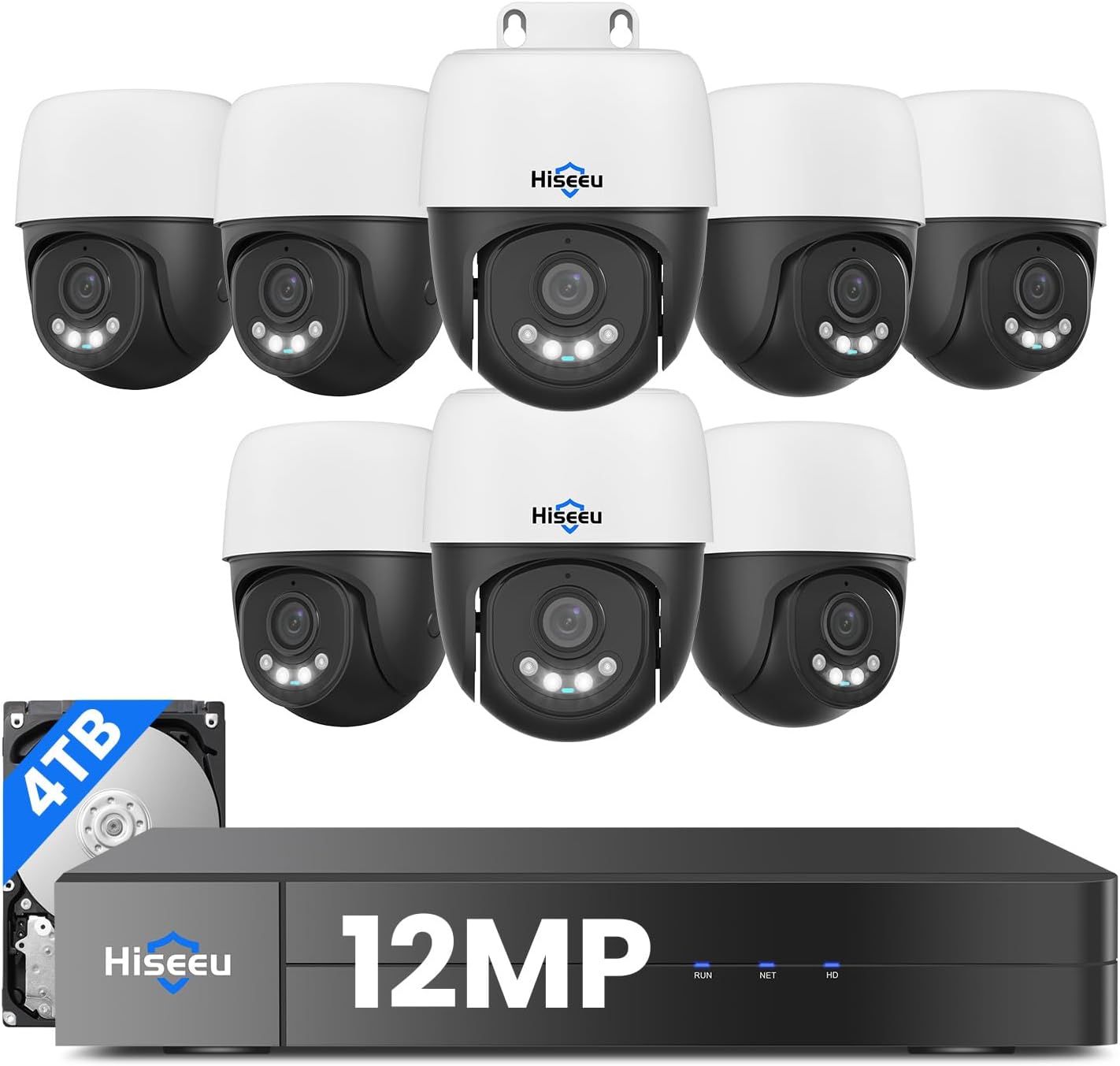 [12MP +Human Tracking] Hiseeu 12MP PoE PTZ Security Camera System, 8 Pcs Wired Security Cameras, 360°View, 2 Way Audio, 0 Monthly Fee, 4TB HDD 8 Port 16Ch PoE NVR，Home CCTV Surveillance Outdoor&Indoor