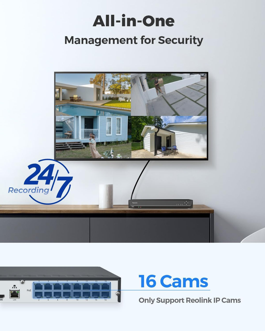 REOLINK 16CH Network Video Recorder for Home Security Camera System,Only Work with 16MP/12MP/4K/8MP/5MP/4MP The Same Brand PoE IP Cam,24/7 Recording to Pre-Installed 4TB Hard Drive,RLN16-410