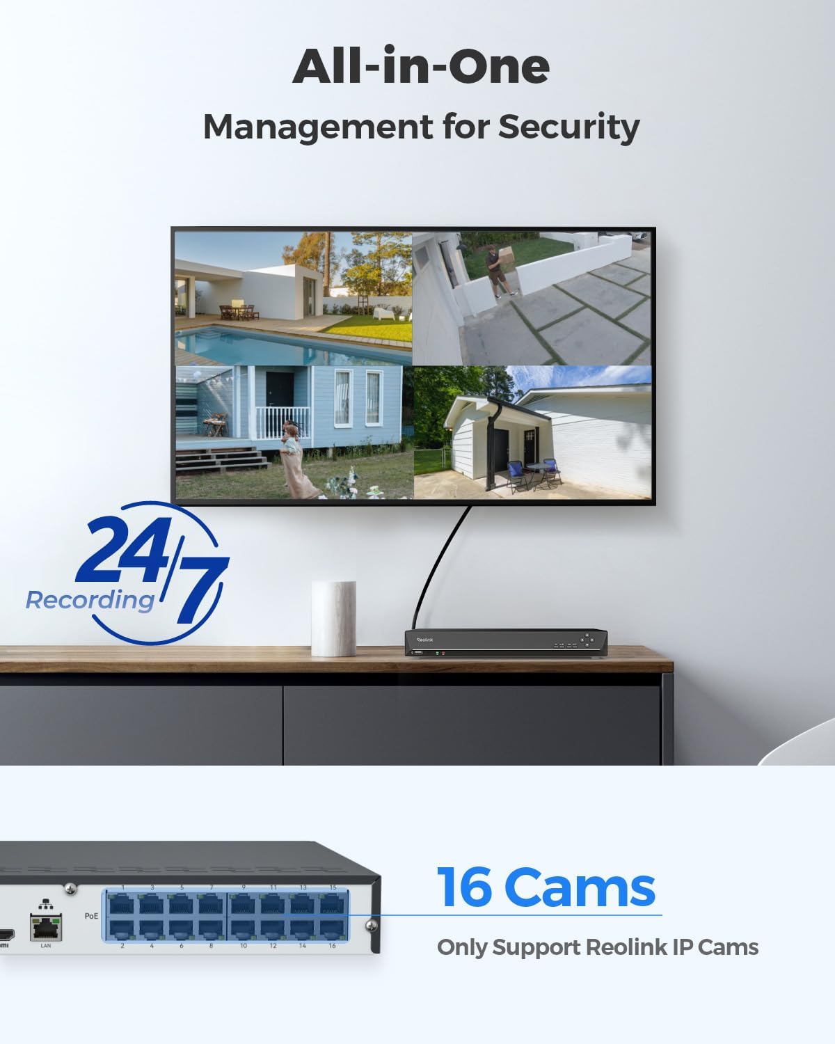 REOLINK 16CH Network Video Recorder for Home Security Camera System,Only Work with 16MP/12MP/4K/8MP/5MP/4MP The Same Brand PoE IP Cam,24/7 Recording to Pre-Installed 4TB Hard Drive,RLN16-410