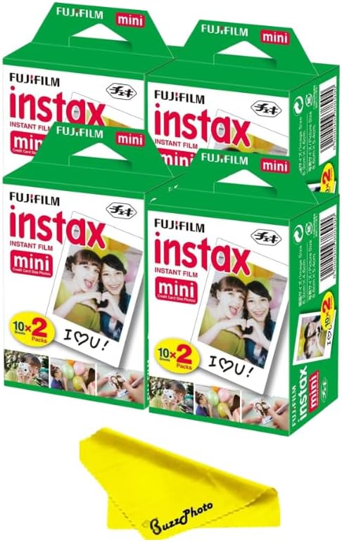 Fujifilm Instax Mini Twin Pack Picture Format Instant Daylight Film for Fujifilm Instax Mini Instant Cameras w/BuzzPhoto Microfiber Cleaning Cloth (4 Twin Packs (80 Sheets))