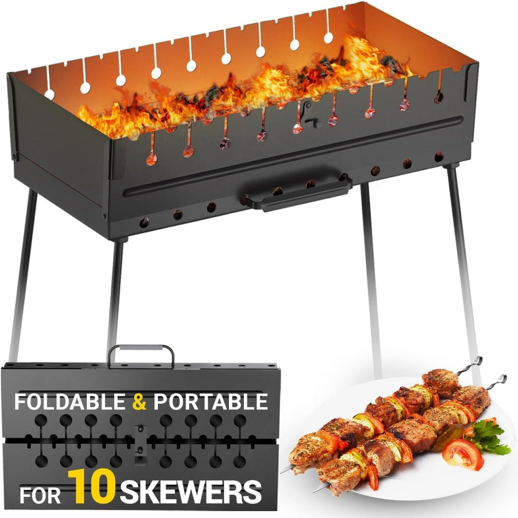 Charcoal Grill for 10 Skewers - Portable Barbecue Kabob Camp Grills - Foldable Metal Mangal - Kebab Shish BBQ for EDC Picnic Outdoor Cooking Camping Hiking (Skewers Not Included)