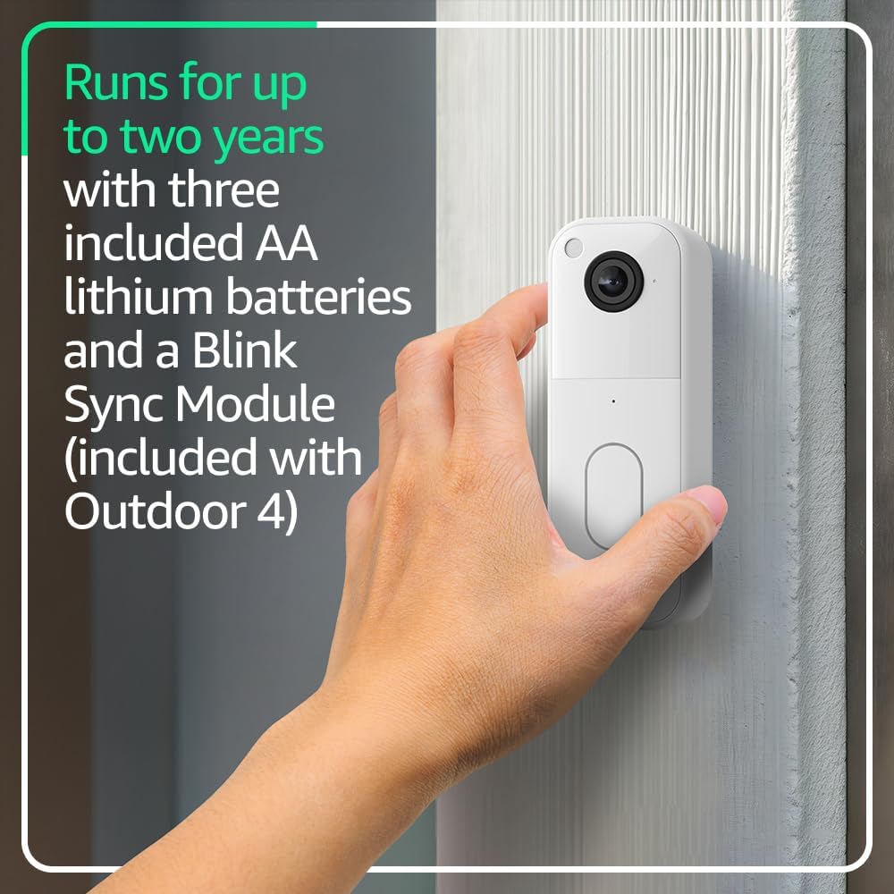 Blink Video Doorbell + Outdoor 4 – Wireless smart security cameras, head-to-toe HD view, two-year battery life. Sync Module Core included – 3 camera system + Video Doorbell