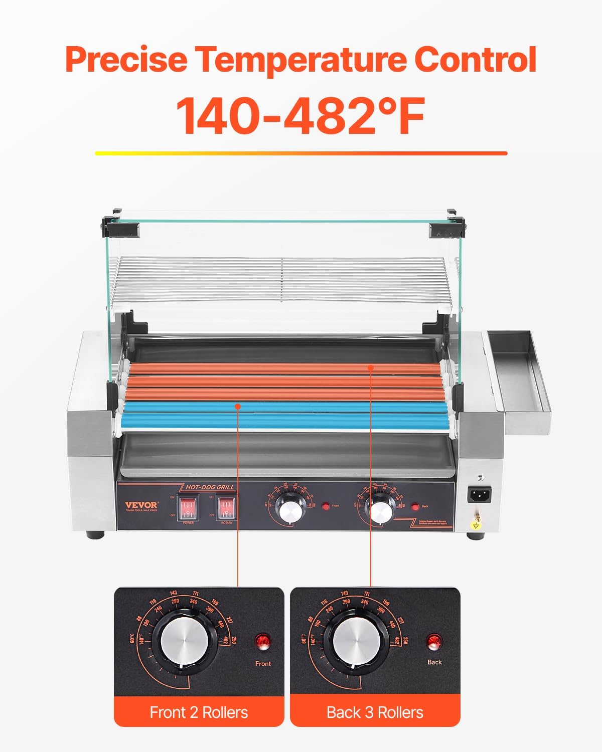 VEVOR Hot Dog Roller, 12 Hot Dog 5 Rollers, Stainless Steel Sausage Grill Cooker, 750W Commercial Hot Dog Machine with Dual Temp Control, Cover, Side Storage Box, Removable Shelf & Oil Drip Tray