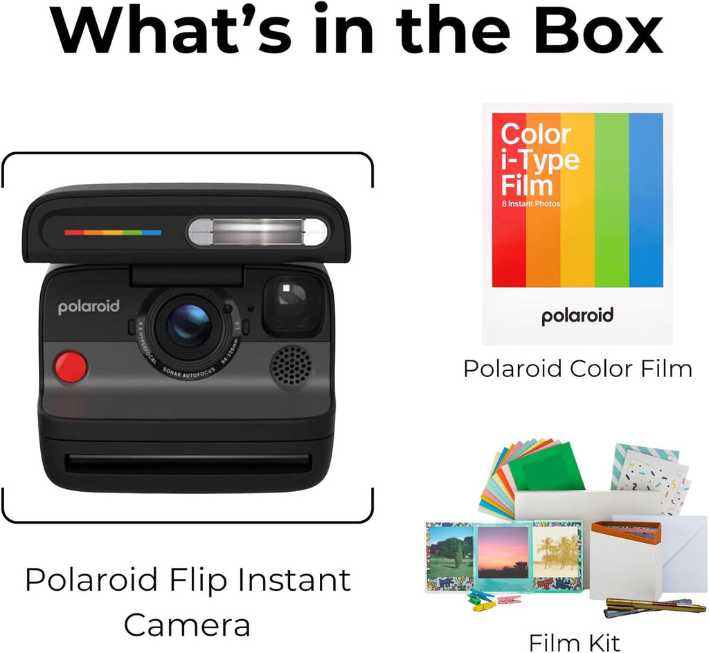 Polaroid Flip Instant Camera with Sonar Autofocus and Retro Design (Black) Bundle with Color Instant Film for i-Type (8 Exposures) and Film Kit (3 Items)