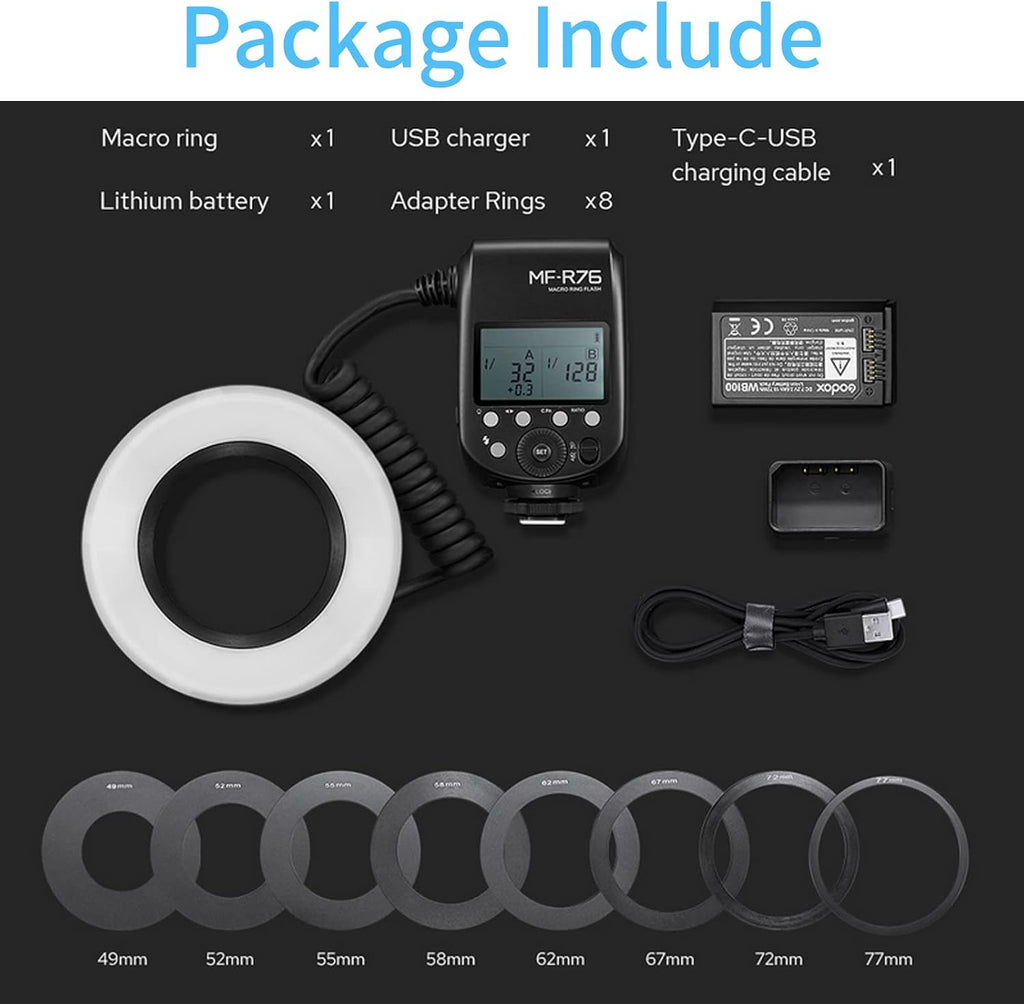Godox MF-R76 Macro Ring Flash for Sony, for Canon, for Nikon, for Fuji Camera