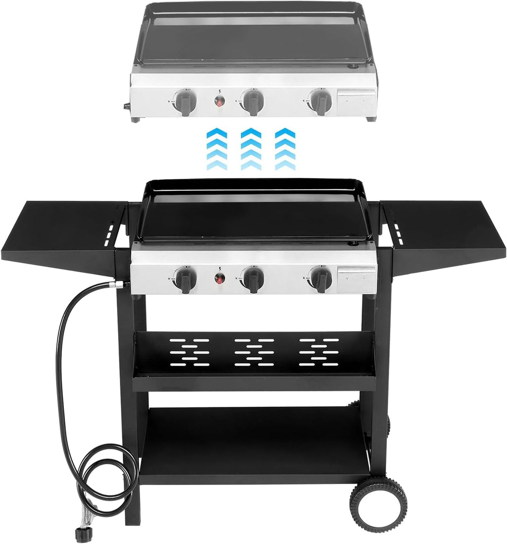 Outvita 3 Burner Propane Griddle, 23.3' Outdoor Flat Top Gas Grill with Side Shelves for Camping BBQ