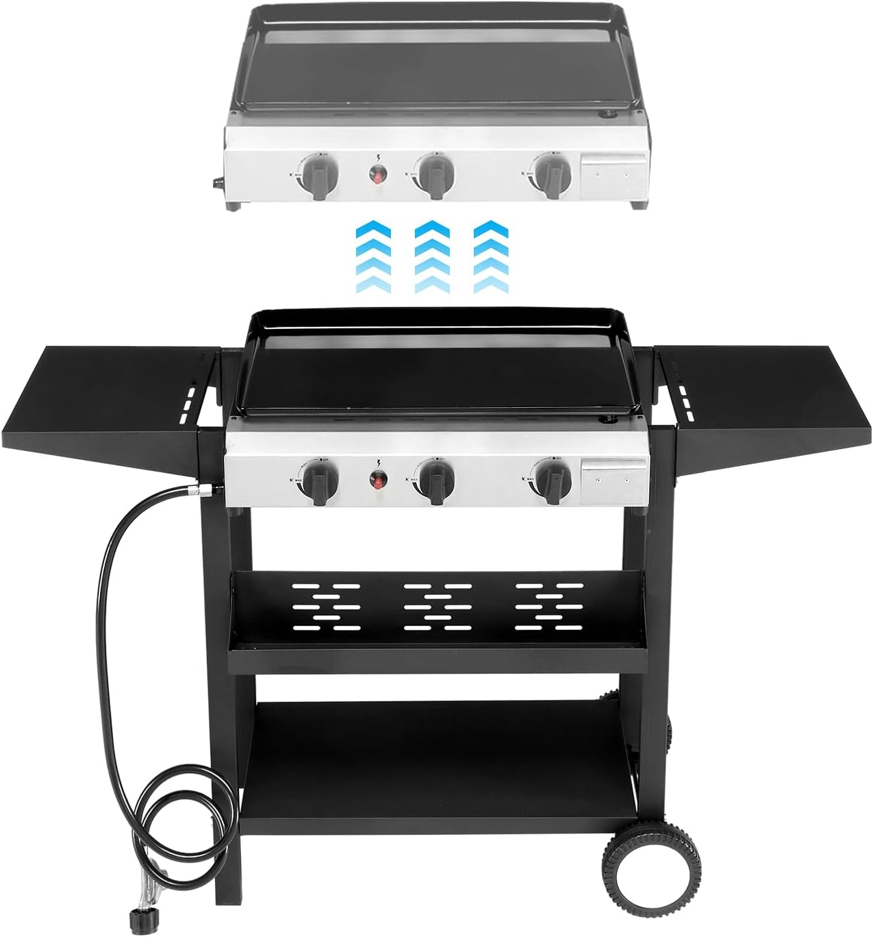 Outvita 3 Burner Propane Griddle, 23.3' Outdoor Flat Top Gas Grill with Side Shelves for Camping BBQ