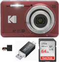 KODAK PIXPRO FZ55 Digital Camera Bundle, Includes: SanDisk 64GB SDXC Memory Card, SD Card Reader Compatible with Computers and Smartphones and Memory Card Wallet (4 Items) (Red)