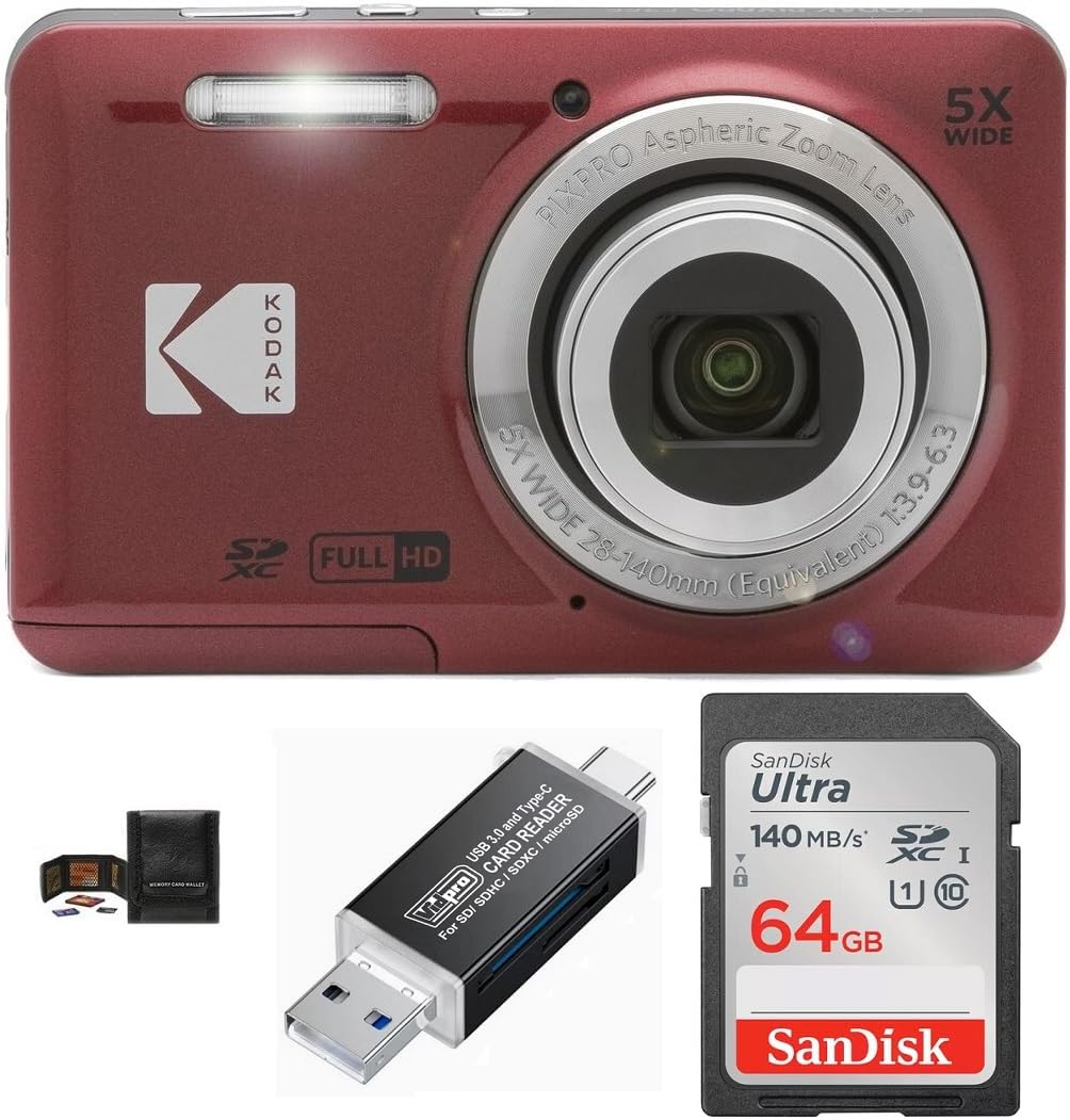 KODAK PIXPRO FZ55 Digital Camera Bundle, Includes: SanDisk 64GB SDXC Memory Card, SD Card Reader Compatible with Computers and Smartphones and Memory Card Wallet (4 Items) (Red)