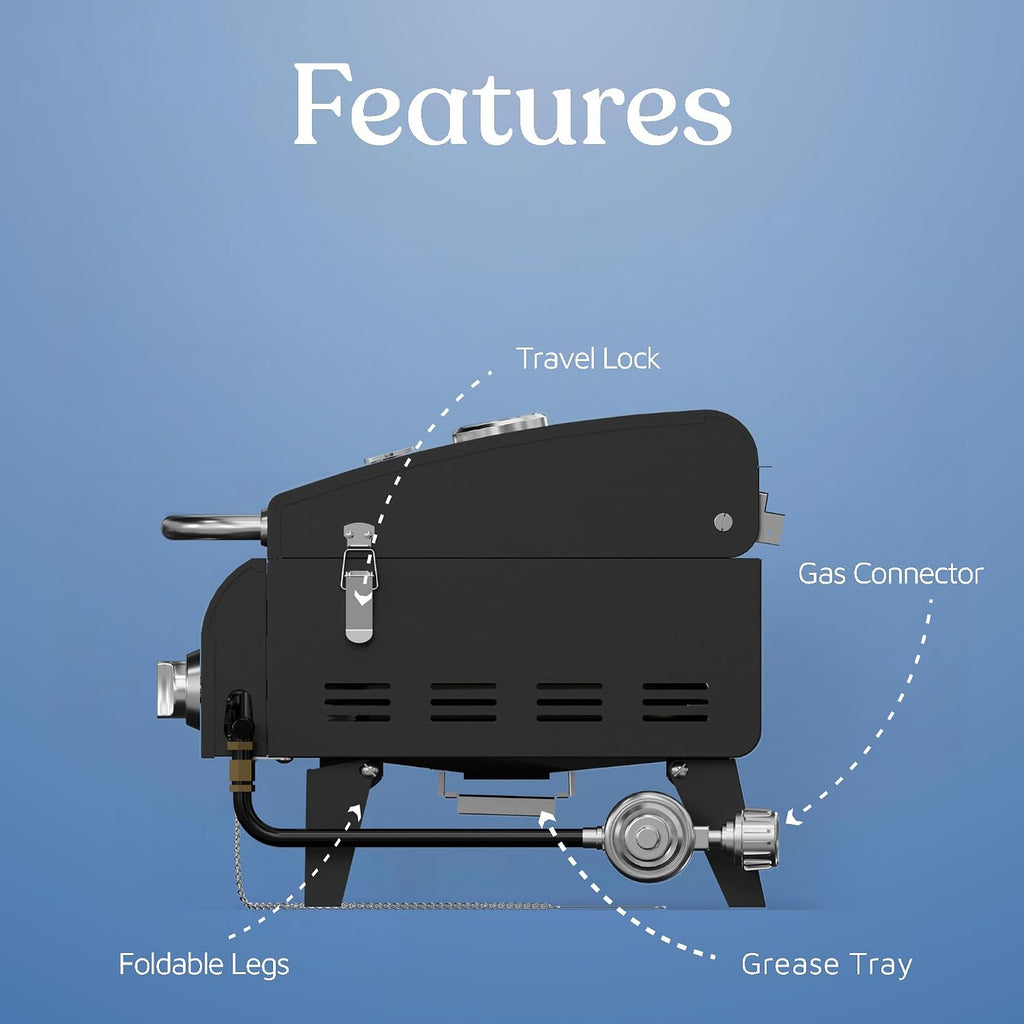 Black Portable Gas Grill, Dual 10,000 BTU Burners, 275 Sq.In Cooking Space, Push-to-Start Ignition, Wind-Proof Lid with Built-in Thermometer, Perfect for Camping Tailgates & Backyard BBQ Cookouts