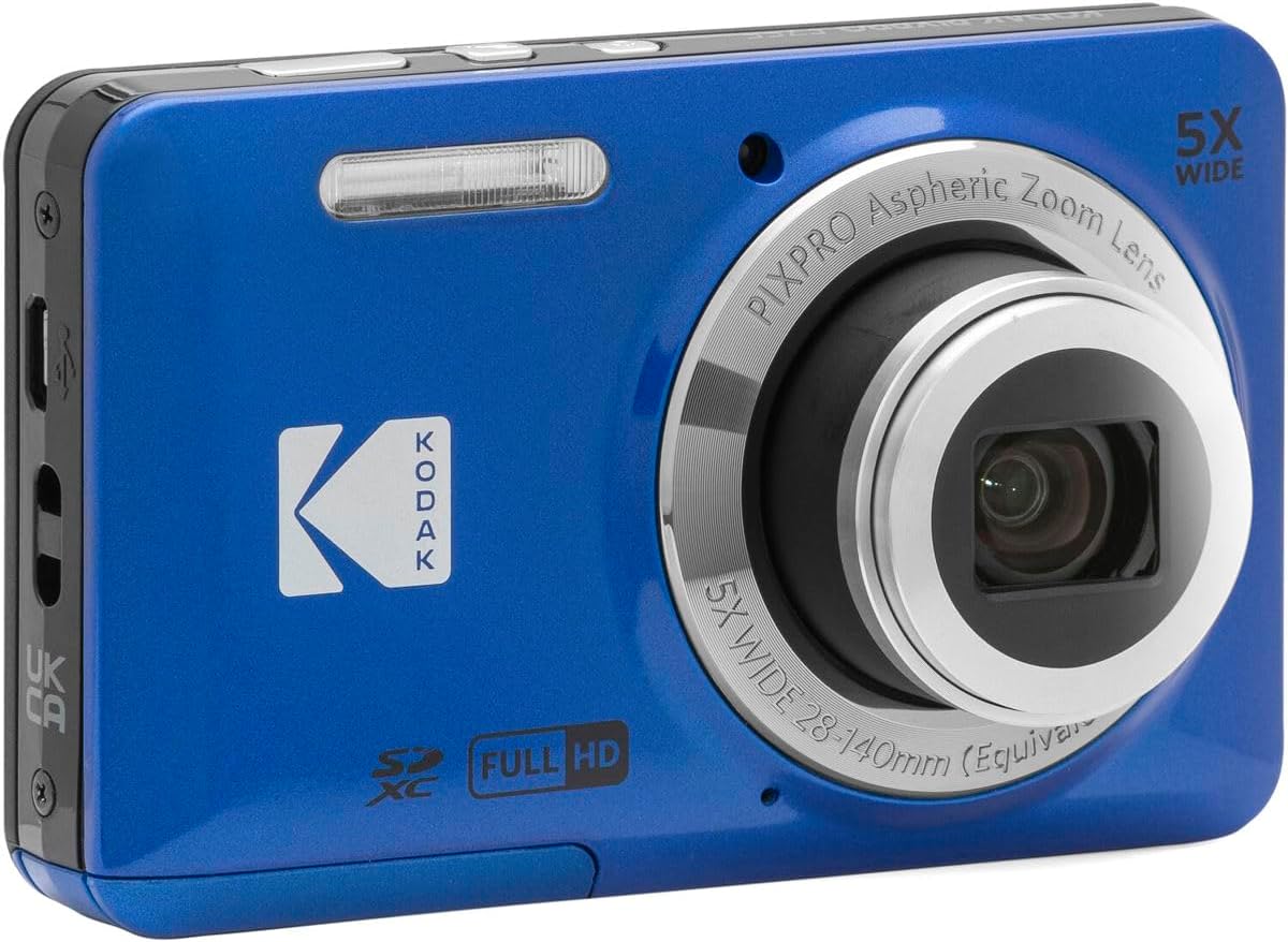 Kodak PIXPRO FZ55 Friendly Zoom Digital Camera, Bundle with 32GB Memory Card, Camera Bag, Tripod, Photo Editing Software, Card Reader (Blue)