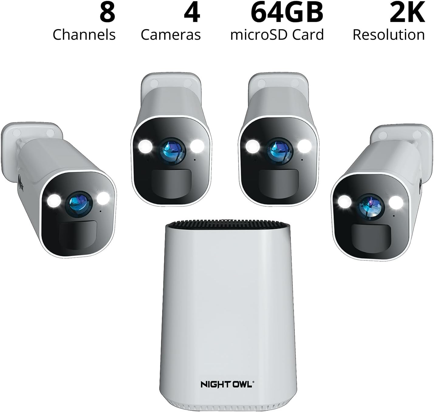 Night Owl 8 Channel Wi-Fi Video Home Security Hub with (4) Battery-Powered Wi-Fi 2K HD Indoor/Outdoor Spotlight Cameras with 2-Way Audio and 64GB microSD Card (Expandable up to 8 Cameras)