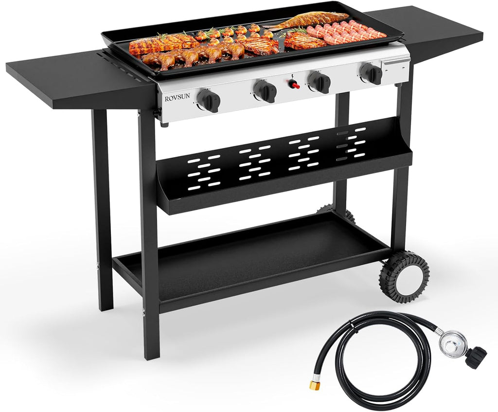 ROVSUN 4 Burner Portable Propane Griddle with Electronic Ignition, 40,000 BTU Rolling Flat Top Gas Grill with Nonstick Enameled Tray, Side Shelf & Regulator for Outdoor Cooking Camping BBQ Tailgating