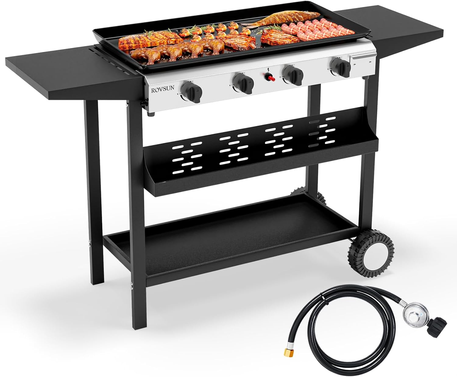 ROVSUN 4 Burner Portable Propane Griddle with Electronic Ignition, 40,000 BTU Rolling Flat Top Gas Grill with Nonstick Enameled Tray, Side Shelf & Regulator for Outdoor Cooking Camping BBQ Tailgating
