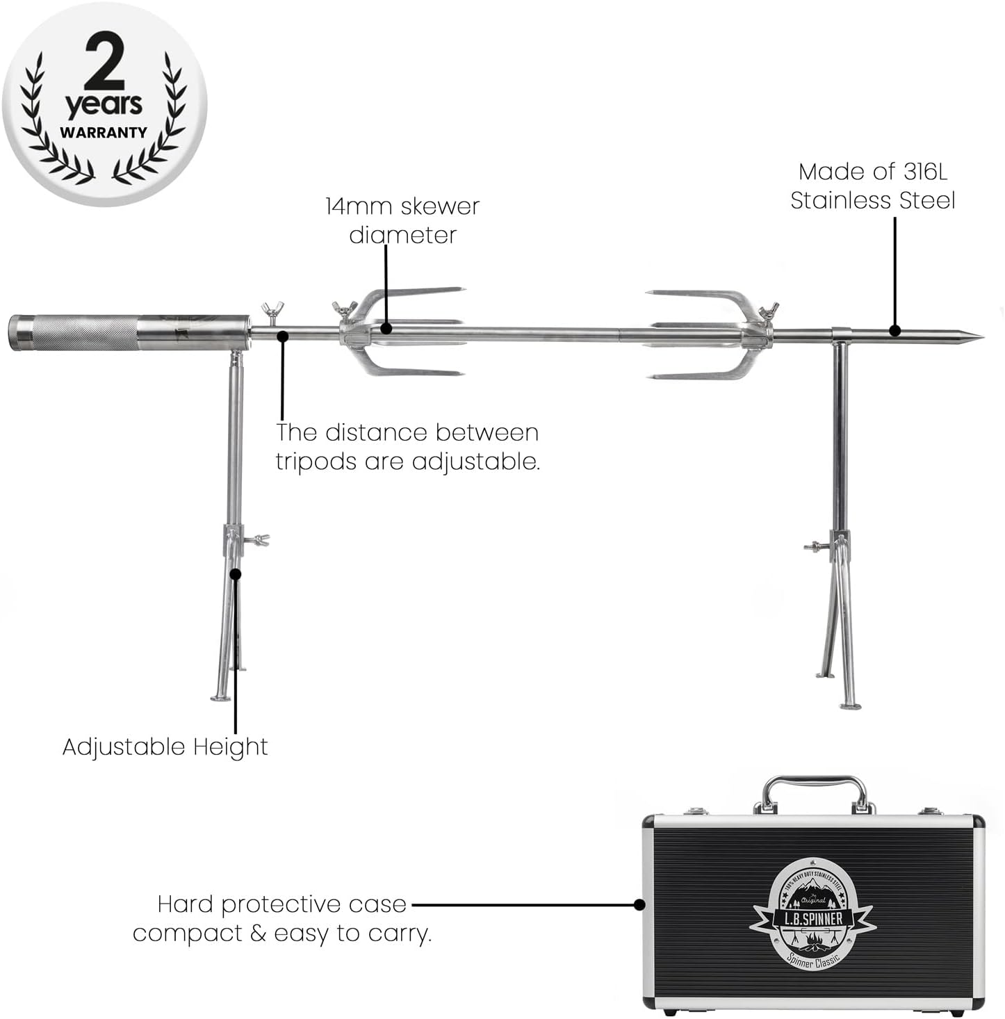 L.B. Spinner Classic Portable Battery Operated BBQ Spinner Rotisserie Grill - Stainless Steel with Carry Case