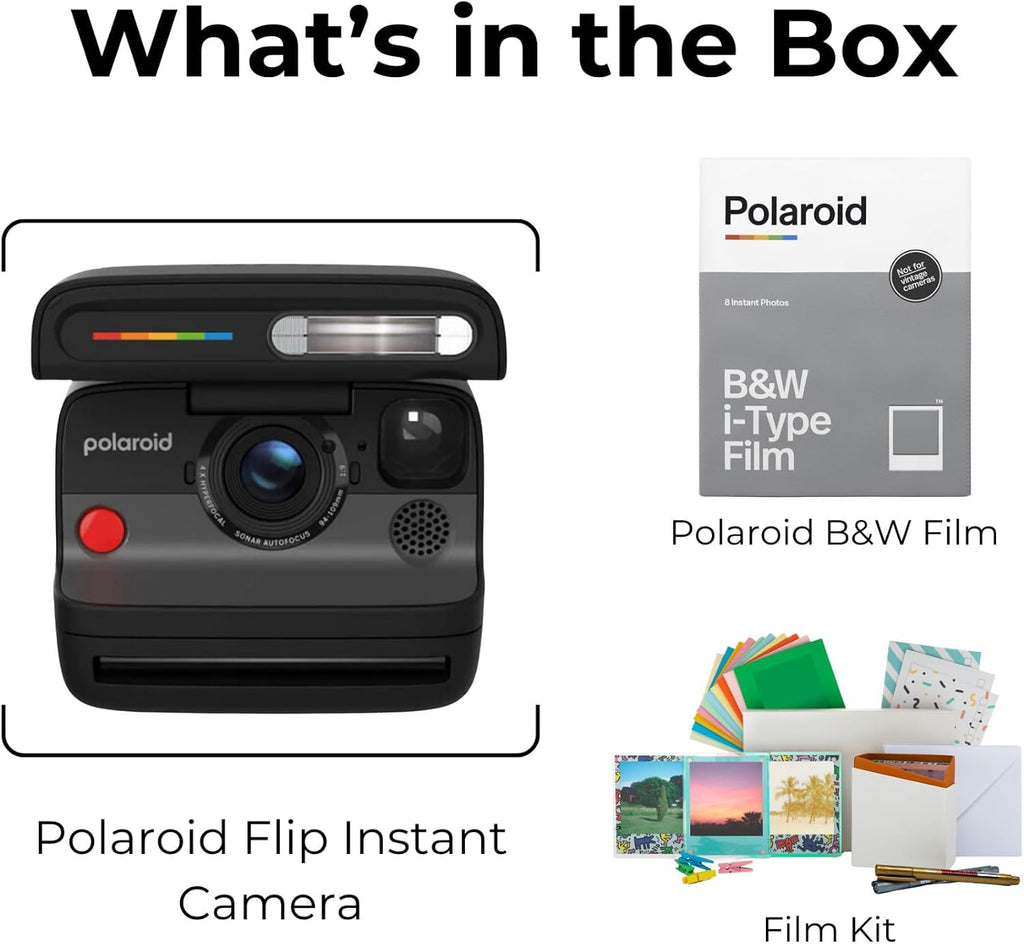 Polaroid Flip Instant Camera with Sonar Autofocus and Retro Design (Black) Bundle with B&W Film for i-Type and Accessories Kit (3 Items)