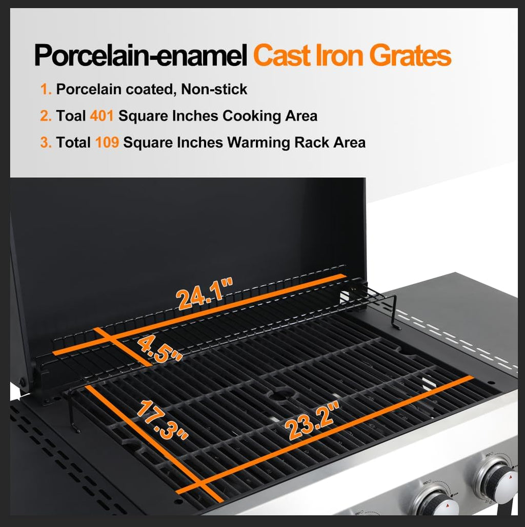 4-Burner Flat Top Propane Gas Grill Stainless Steel Griddle Combo with Foldable Side Table, 49,200 BTU Outdoor BBQ Grill, Porcelain-Enameled Cast Iron Grids, for Backyard, Patio Cooking