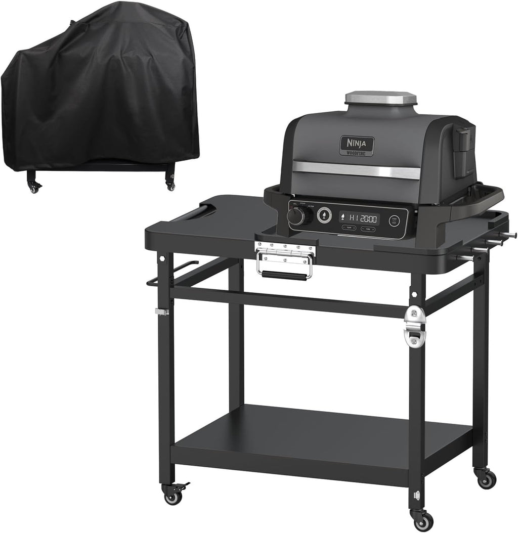 Universal Grill Stand for Ninja Woodfire Outdoor Grills,Portable Foldable Grill Cart Table for XSKUNSTAND OG700 OG800 OG900 OO101 SER Smoker Pizza Oven Accessories with 4 Wheels & Cover