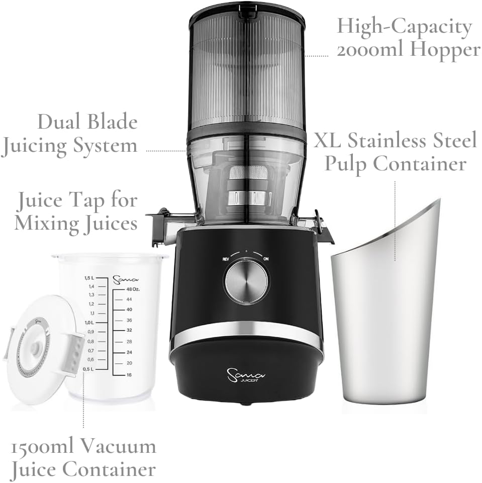 Sana 878 Self Feeding Batch Juicer | 3 Days of Cold Press Juicing Effortlessly | Most Convenient Juicer with Autopilot Configuration | Large Batch 2 Liter Capacity | Whole Fruits & Vegetables | Black
