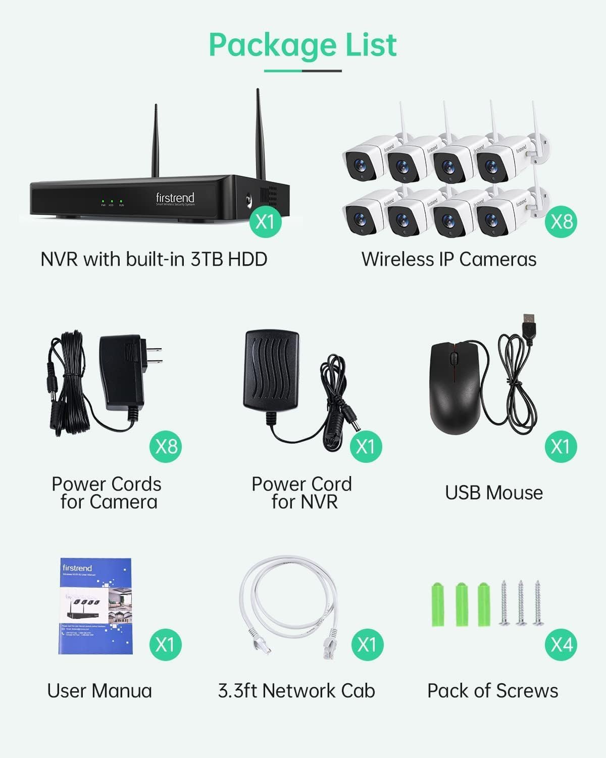 Firstrend Wireless Security Camera System, 5MP 8-Channel CCTV NVR Kit with AI Human Detection, H.265 Video, Night Vision Outdoor Cameras, P2P Remote Access, 3TB Hard Drive for Home