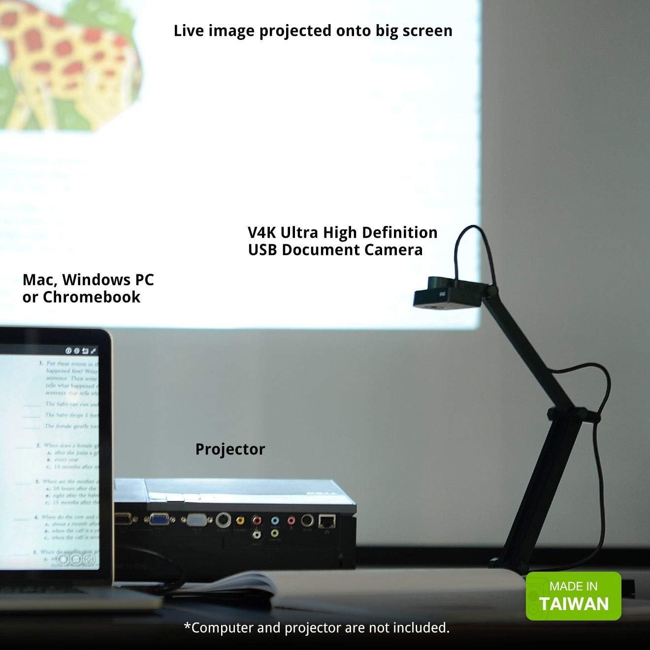 IPEVO V4K Ultra High Definition 8MP USB Document Camera — Mac OS, Windows, Chromebook Compatible for Live Demo, Web Conferencing, Distance Learning, Remote Teaching, Green