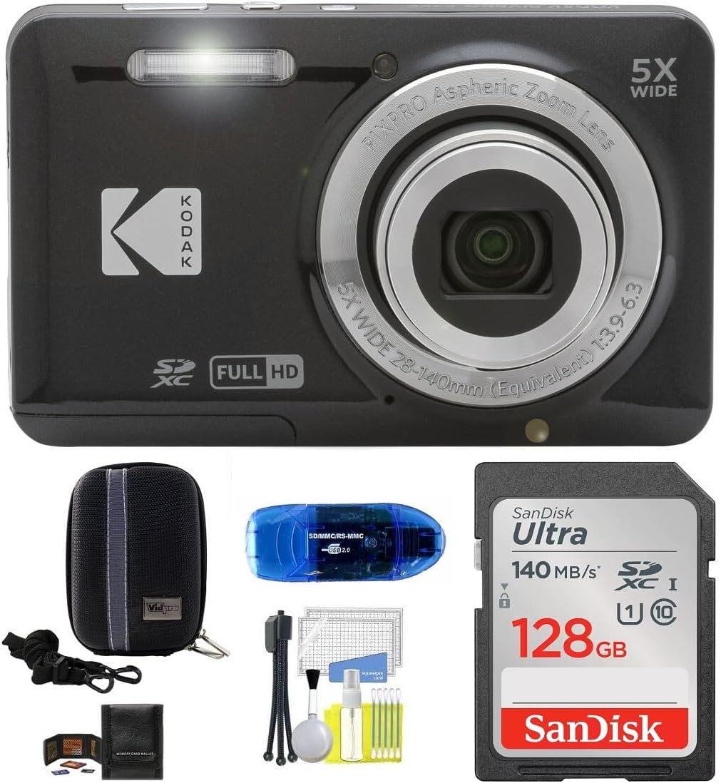 Kodak Pixpro FZ55 Digital Camera (Black) Bundle, Includes: SanDisk 128GB Memory Card, Hard Shell Camera Case, SD Card Reader and More (6 Items)