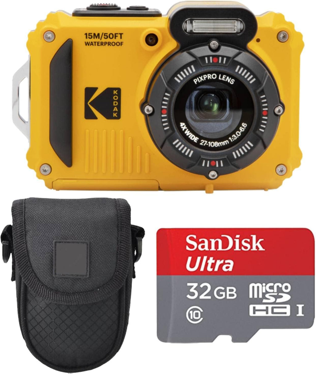 Kodak PIXPRO WPZ2 Rugged Waterproof Digital Camera Bundle with Black Point & Shoot Case + 32GB microSDHC Card (Yellow) Bundle (3 Items)