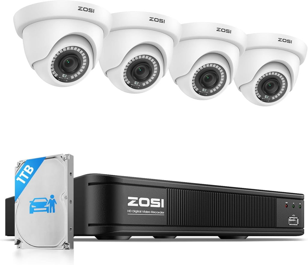 ZOSI 3K 5MP Lite H.265+ Home Security Camera System, 8 Channel Surveillance DVR with AI Human Vehicle Detection and 4 x 1080p Weatherproof CCTV Dome Camera Outdoor Indoor, 80ft Night Vision, 1TB HDD