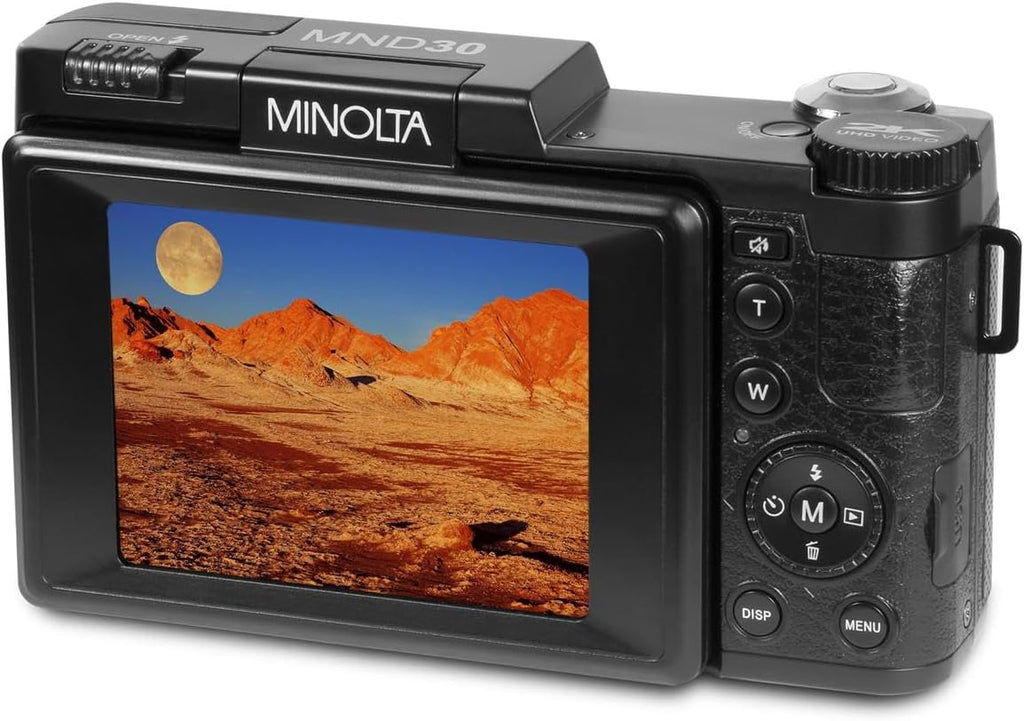 Minolta 30MP Digital Camera – 2.7K Ultra HD Video, 3-inch 180° LCD Screen, Face Detection, Anti-Shake, 9 Scene Modes, Photo Burst, Panorama, CMOS Sensor, 32GB Card (Blue)