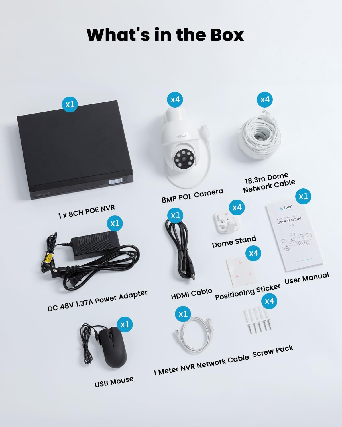 ieGeek 8MP PoE Security Camera System, 4pcs Wired Outdoor Cameras for Home Security with 355°Pan 90°Tilt, 8CH NVR with 2TB HDD, Automatic Human Tracking,AI Detection,2-Way Audio,Color Night Vision