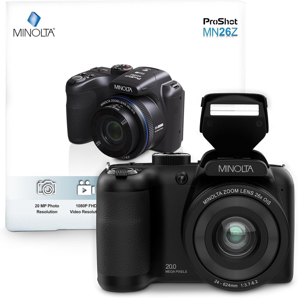 Minolta ProShot 20MP Camera – 26x Optical Zoom Lens, 1080p HD Video, WiFi, 3-inch LCD Screen, Image Stabilization, Face Detection, Scene Modes, Compact Point & Shoot, 32GB Card (Black)