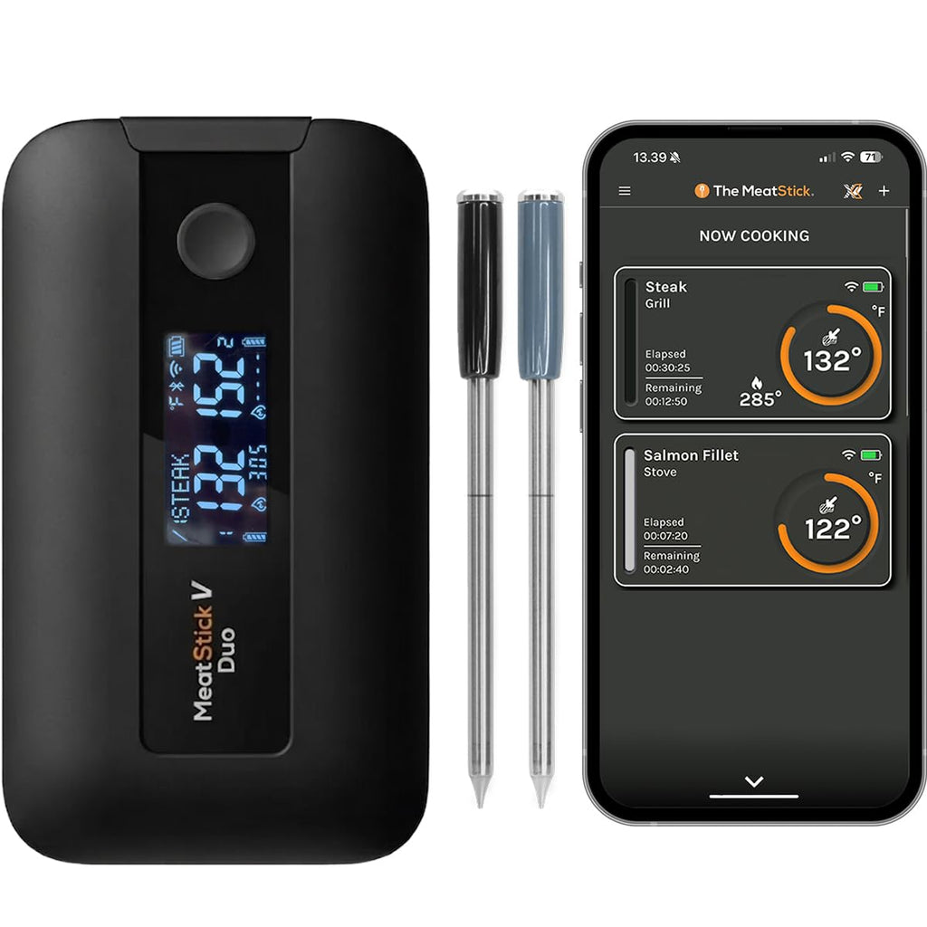 MeatStick V Duo Wireless Meat Thermometer with 2 Probes, WiFi & 900+ Ft Bluetooth, Smart Base LCD Display for Grill, Smoker, Oven, BBQ