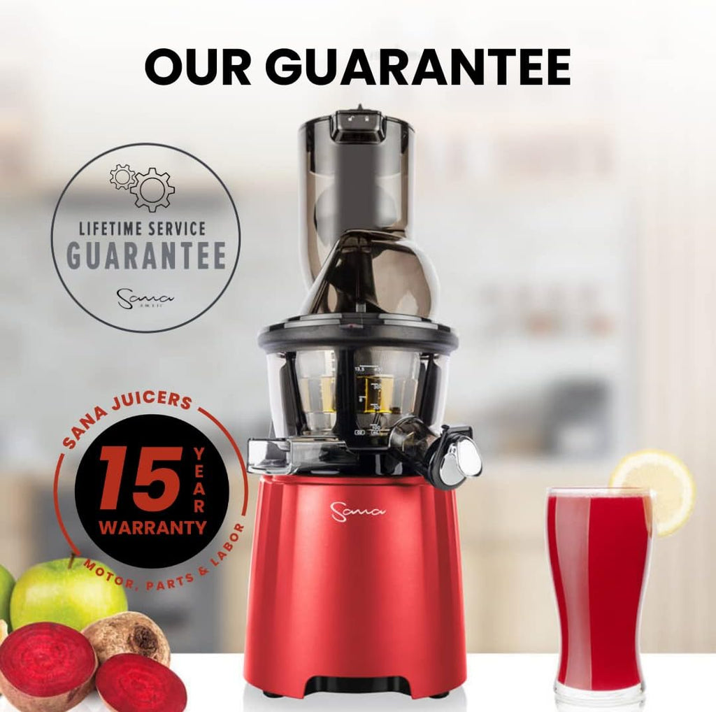 SANA 868 Wide Mouth Premium Cold Pressed Vertical Juicer | Patented Trap Door System | Includes 2 Premium Accessories | 240W High Torque Motor | 15 Year Warranty (Red)