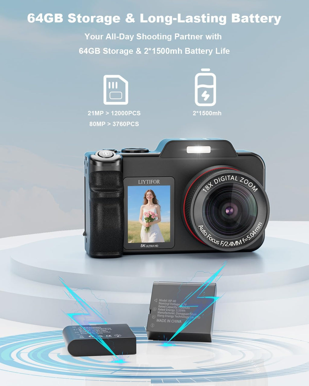 5K-Digital-Cameras for Photography: 2026 Upgrade 80MP 3.5'+2' Dual Screen for Self-Framing 18X Zoom Autofocus Vlogging Camera for YouTube/Content Creators/Beginners/Travel, 64GB Card, 2 Batteries