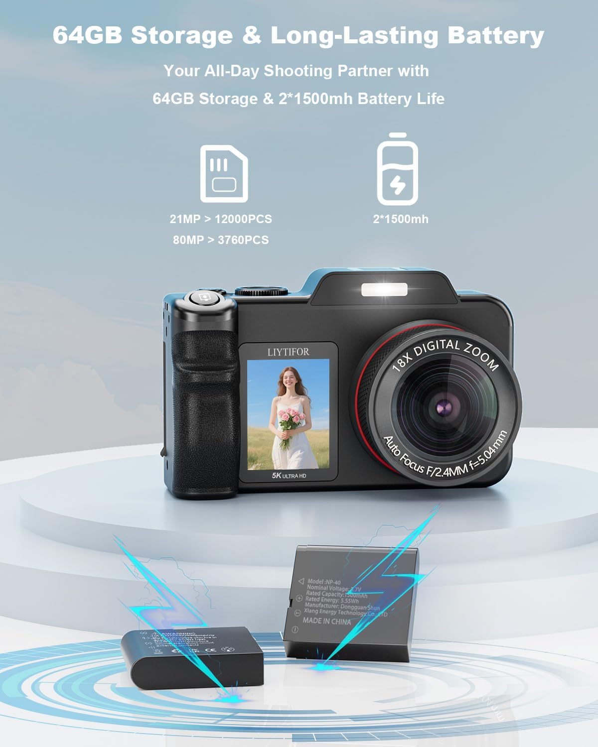 5K-Digital-Cameras for Photography: 2026 Upgrade 80MP 3.5'+2' Dual Screen for Self-Framing 18X Zoom Autofocus Vlogging Camera for YouTube/Content Creators/Beginners/Travel, 64GB Card, 2 Batteries