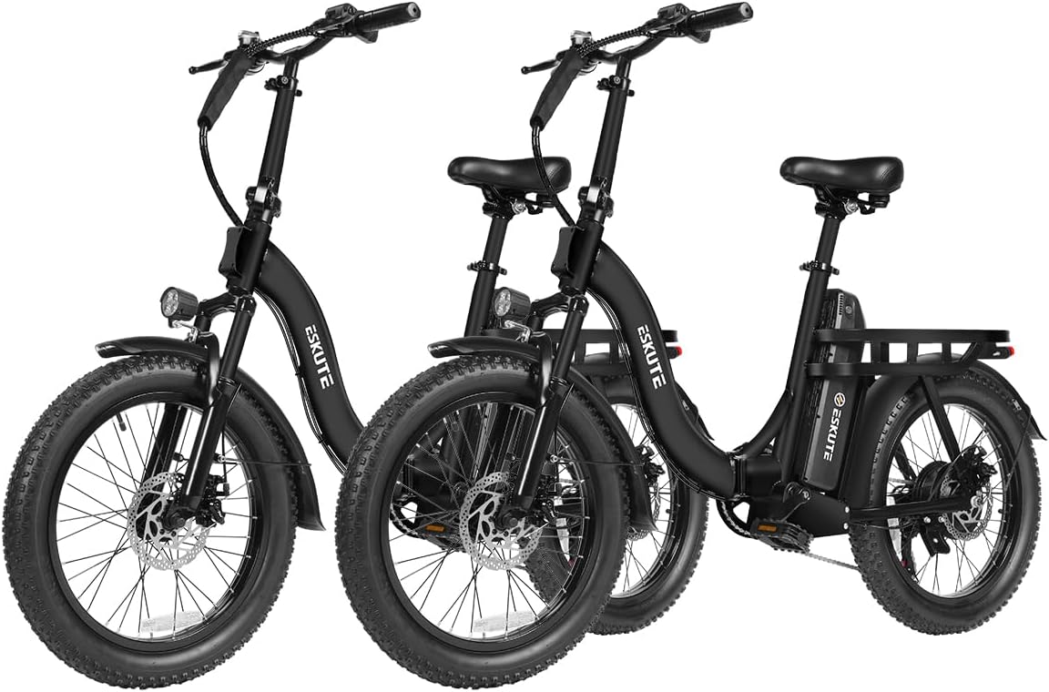 ESKUTE Electric Bike for Adults – 1200W Peak Motor, Folding 20x3 Fat Tire E‑Bike, 48V 10.4Ah Battery, Step‑Through Cargo Fold Ebike, NFC Unlock, 28 MPH, 7‑Speed, Up to 55 Miles