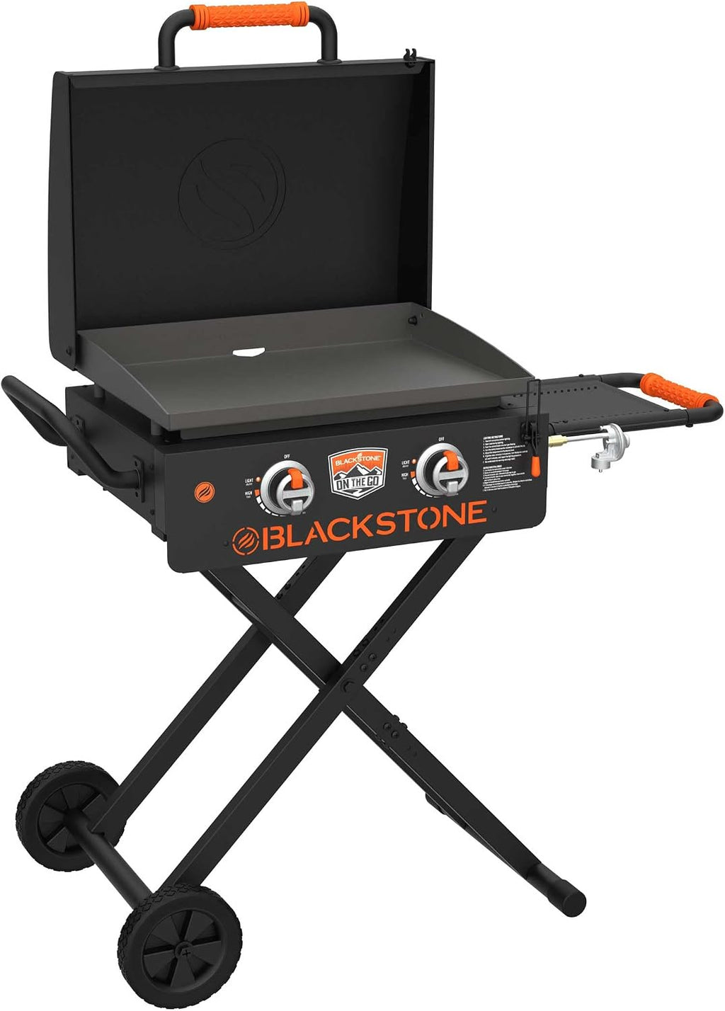 BLACKSTONE 22' On The Go Scissor-Leg Griddle with Two Burners -Stainless Steel Gas Griddle with Hood, Wheels, Side Shelf –Heavy Duty Outdoor Stainless Steel Griddle for Backyard, Patio Camping –1935