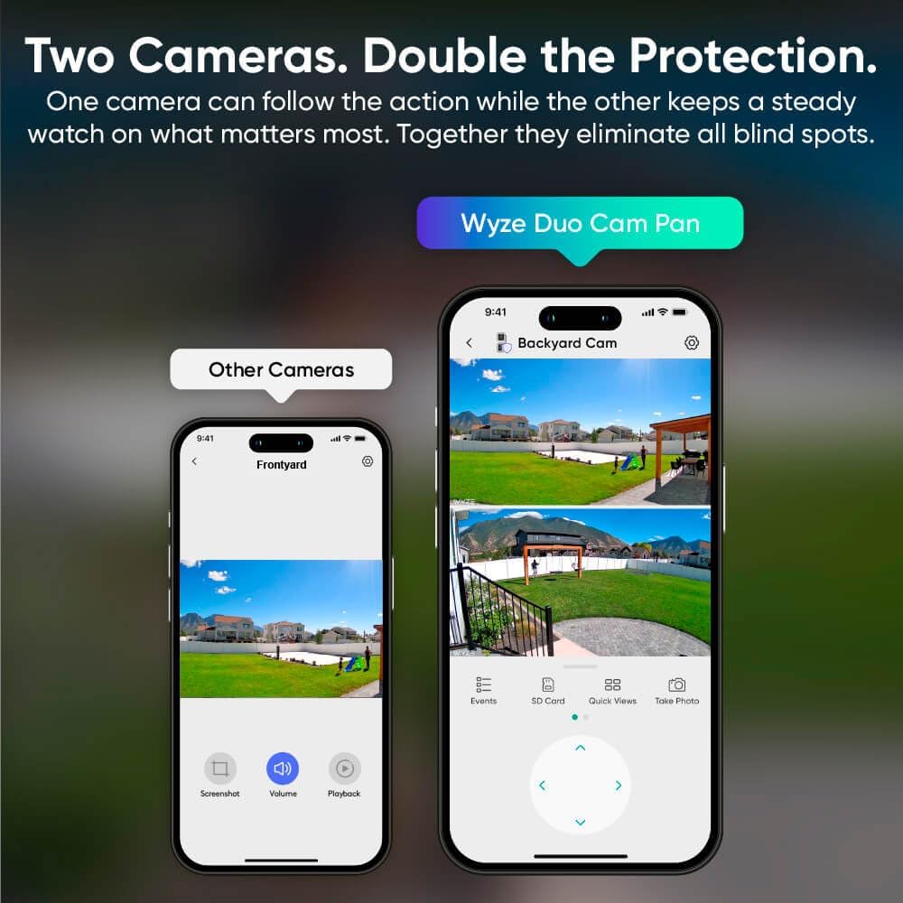 WYZE Duo Cam Pan 2 Pack, Indoor/Outdoor IP65 2K 360° Pan/Tilt Smart Home Security Camera with Color Night Vision, Compatible with Alexa & Google Assistant, White