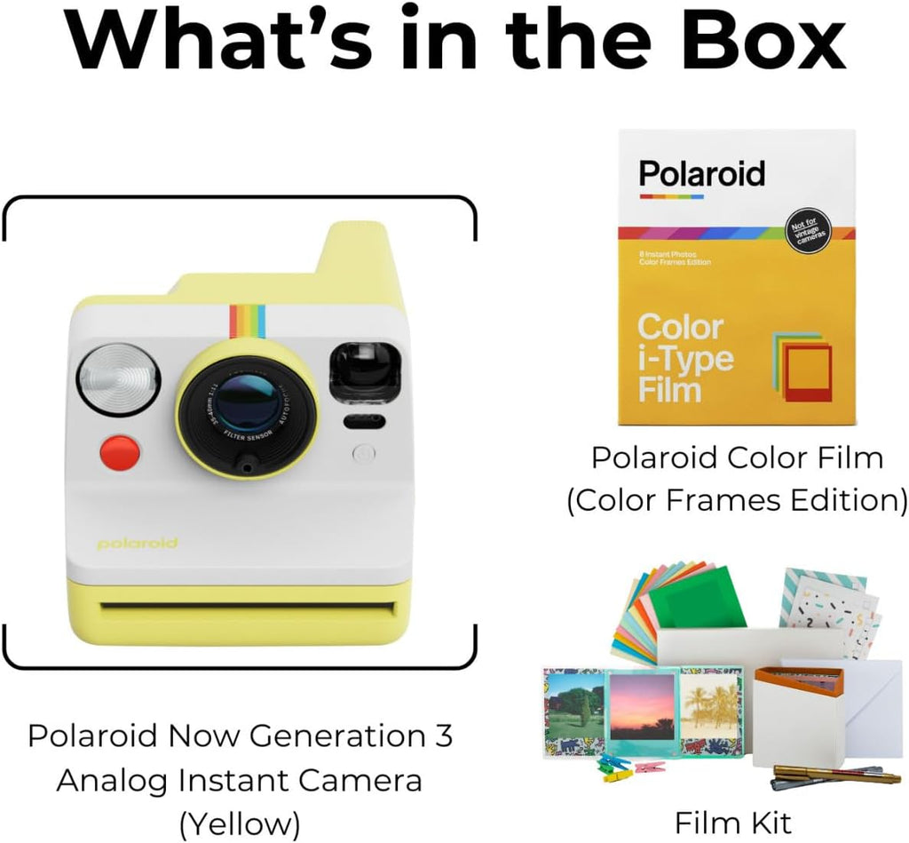 Polaroid Now Generation 3 Analog Instant Camera with Tripod Mount and Two-Lens Autofocus System (Yellow) Bundle with Color Film and Film Kit (3 Items)