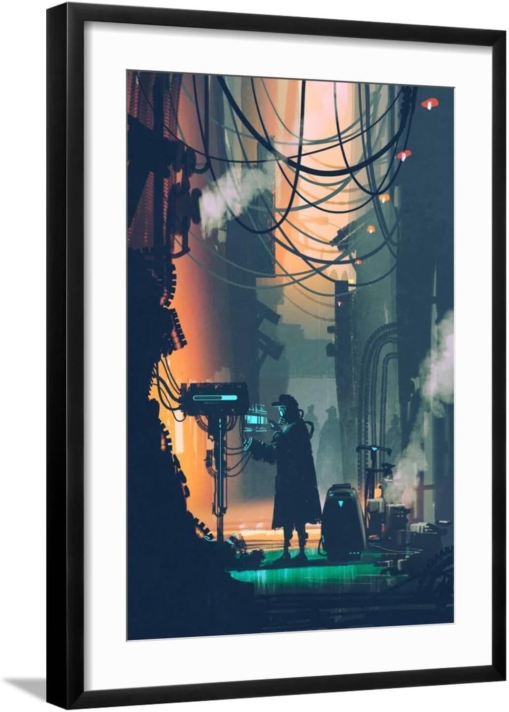 ART.COM Wall Art Print Sci-Fi Scene of Robot Using Futuristic Computer in City Street,Illustration Painting on Black Frame by Tithi Luadthong, 21' x 29'