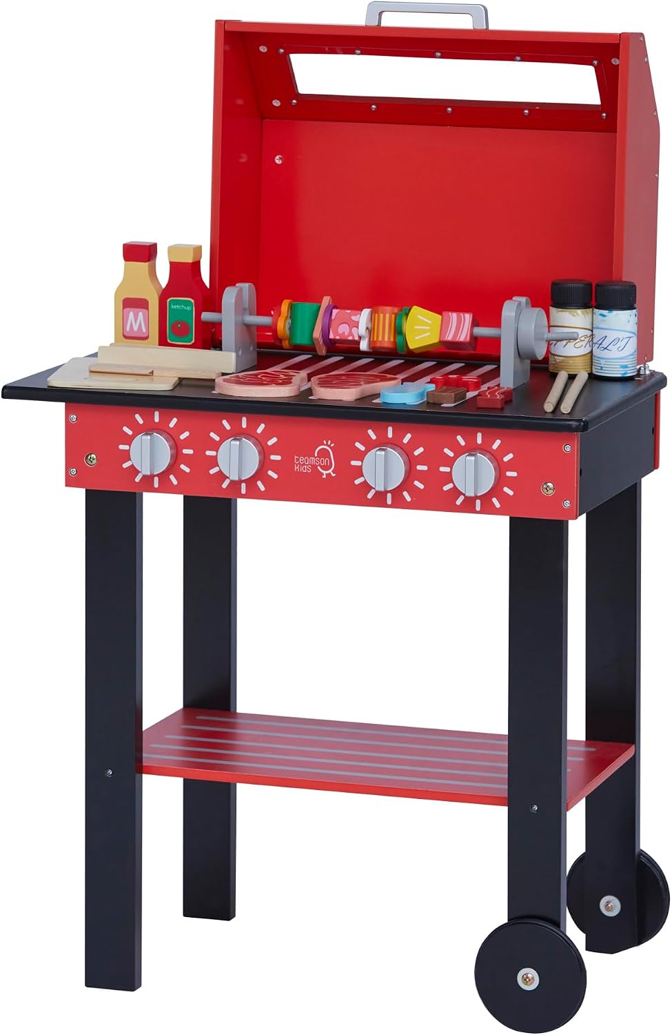 Teamson Kids Little Helper Backyard BBQ Grill Playset 25 Play Cooking Accessories, Pretend Play Kids Kitchen Preschool Playset, Red/Black