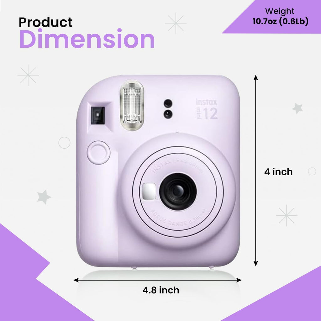 FUJIFILM INSTAX Mini 12 Holiday Bundle 2025 | with Extra Instax Mini Film + 4 Pk AA Batteries & Sunshine Photo Microfiber Cleaning Cloth (10 Items) (20 Sheets, Lilac Purple)